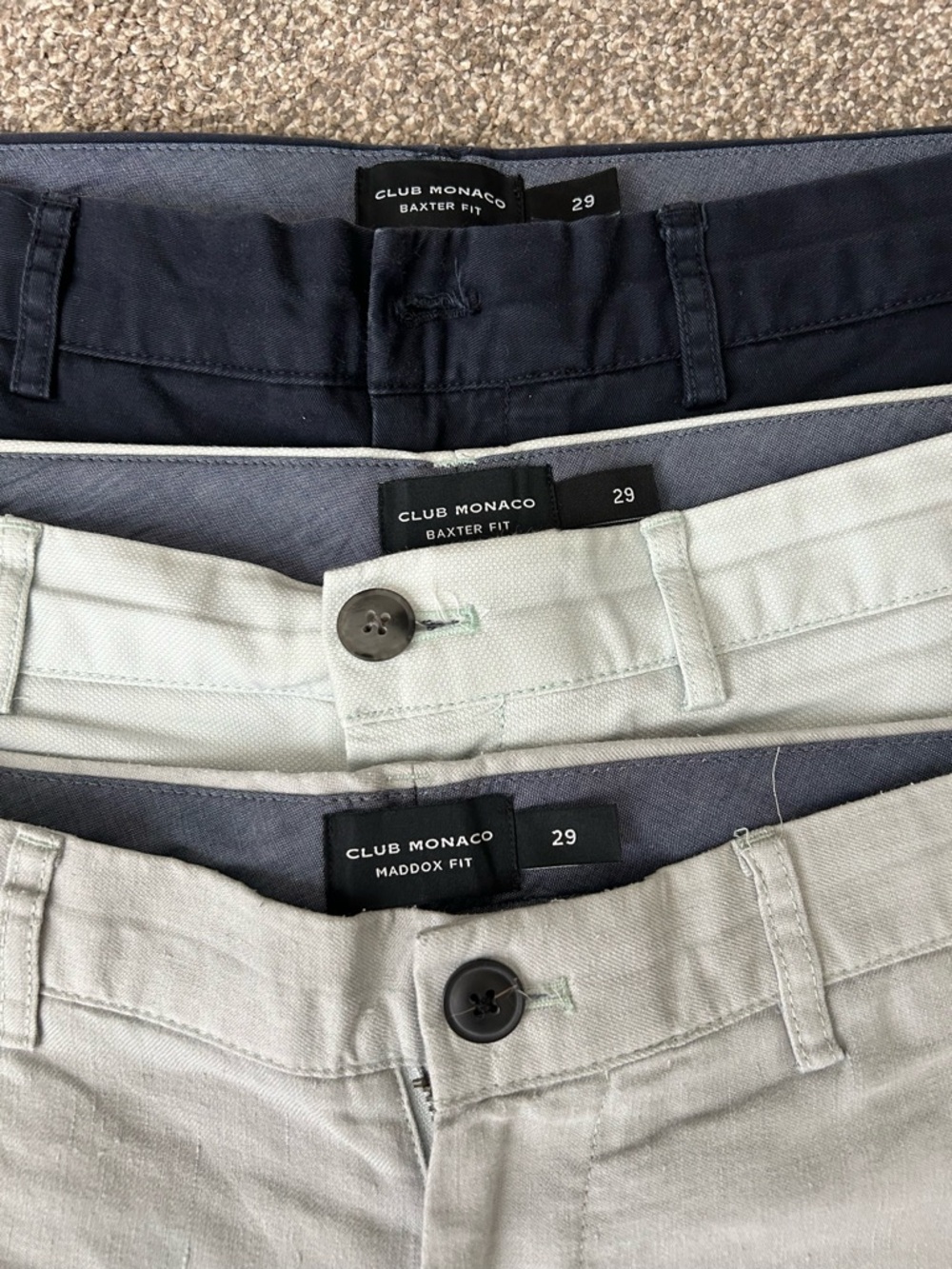Club Monaco Men's Chinos Trio - Navy, Light Gray, Pale Mint